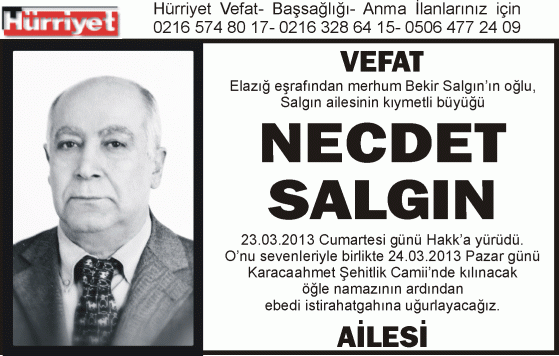 hürriyet gazetesi 24 mart 2013 ölüm ilanı örneği necdet salgın 4sütun 8cm