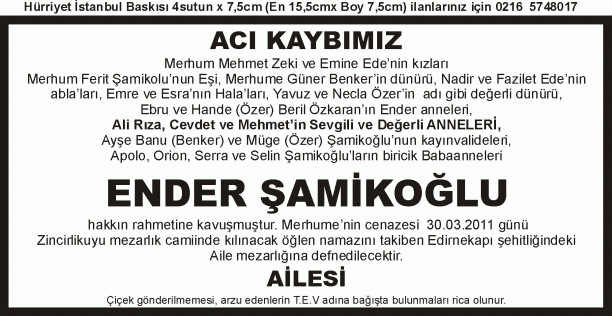 hürriyet ölum ilani ender şamikoğlu 30.03.2011